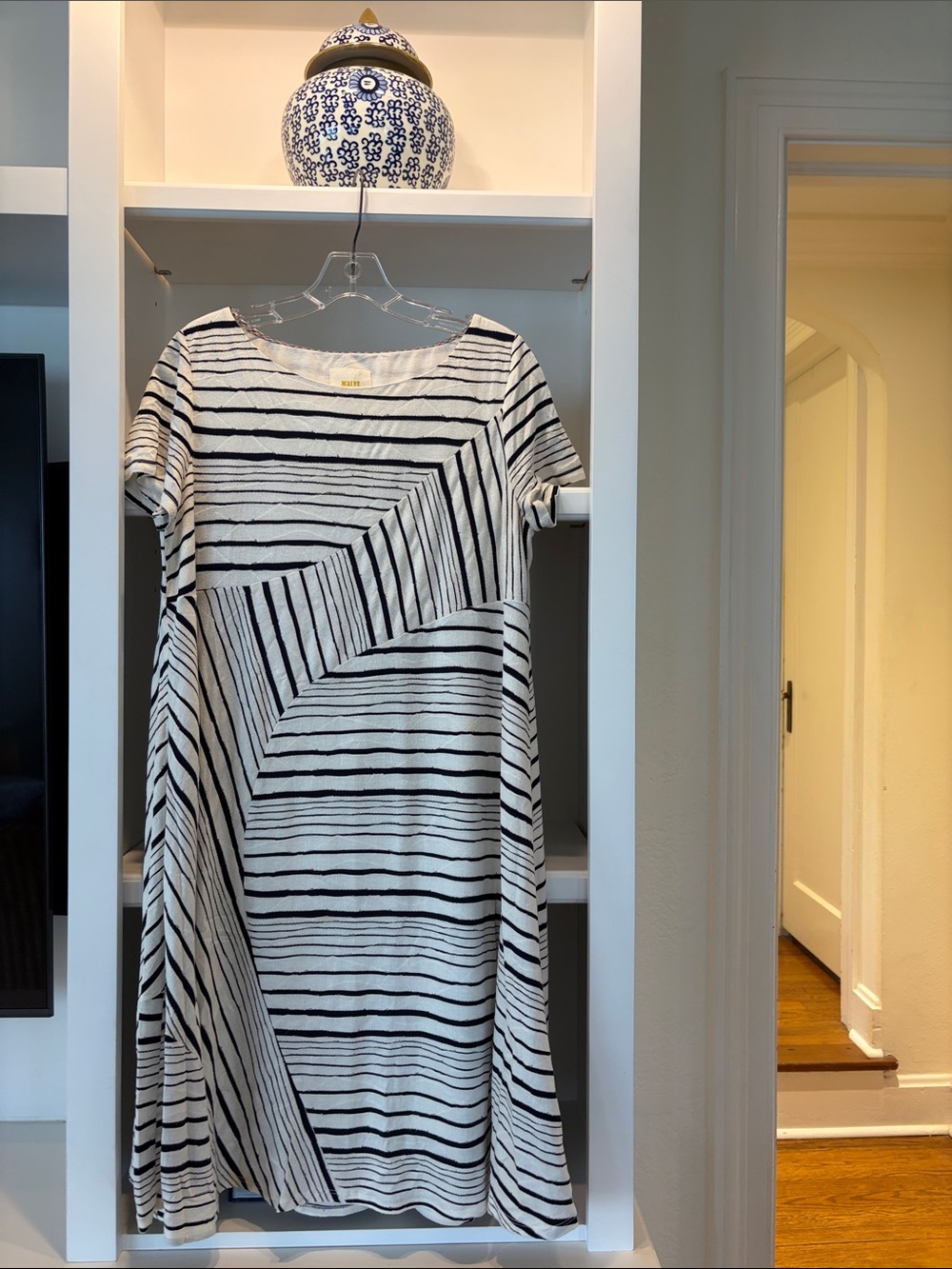 Maeve black and cream modern sailor short sleeve swing dress.